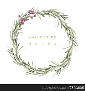 Watercolor wreath with herbs rosemary.