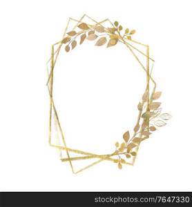 Watercolor wreath with leaves and gold elements. Illustration. Watercolor wreath with leaves and gold elements.