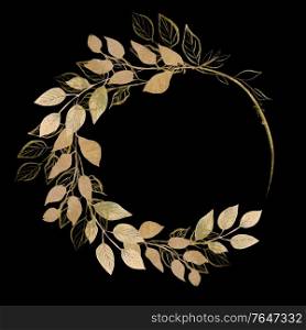 Watercolor wreath with leaves and gold elements. Illustration. Watercolor wreath with leaves and gold elements.