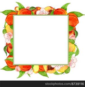 Watercolor wreath with peaches, leaves. Hand drawn frame with pech fruit and flowers.. Watercolor wreath with peaches, leaves. Hand drawn frame with pech fruit and flowers