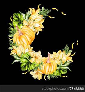 Watercolor wreath with sunflower and pumpkins. Illustration. Watercolor wreath with sunflower and pumpkins.