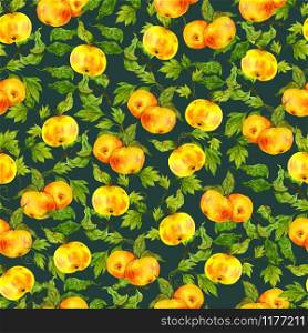 Watercolor yellow apples and leaves of apple and grape in a pattern on a dark background. Fruit illustration for decoration of pillows, dresses, notebooks, cards.
