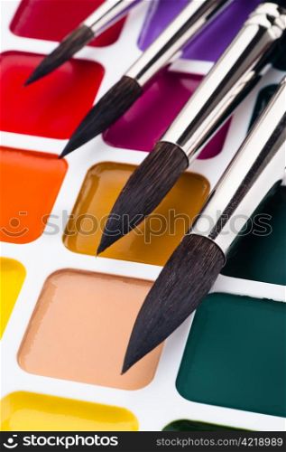 Watercolors and brushes. Box with watercolors and brushes, close-up shot