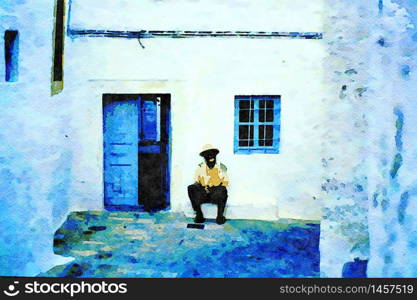 Watercolorstyle picture representing a man relaxing in the shade of the patio of a small house in a village on a Greek island. a man relaxing in the shade of the patio of a small house in a village on a Greek island