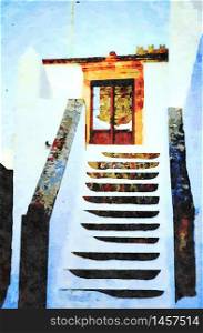 Watercolorstyle picture representing the external staircase of the entrance of a village house on a Greek island. the external staircase of the entrance of a village house on a Greek island