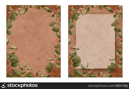Watercolour floral card with eucalyptus leaves in greenery and frame on brown background. Classic and Elegant Templates decorative design with copy space for invitation,birthday,wedding background