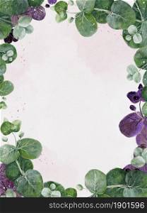 Watercolour floral card with eucalyptus leaves in greenery and purple frame. Classic and Elegant Templates decorative design with copy space for invitation,birthday,wedding,mother day background