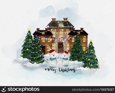 Watercolour paint Christmas tree with house, light bulb decoration with snow falling on watercolor paper background,Merry Christmas greeting card of farm house and fir tree with golden frame