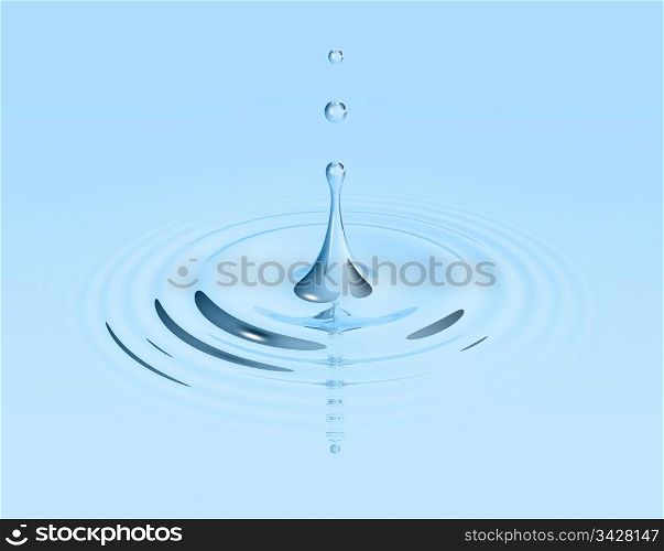 waterdrop splashing and making ripple. 3D illustration. drop of water and ripple