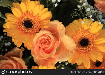 Waterdrops after a rainshower on yellow gerberas and orange roses