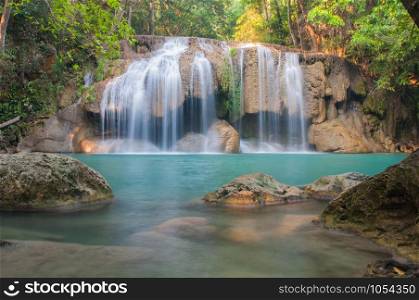 Waterfall deep forest at Erawan waterfall National Park Kanchanaburi of Thailand