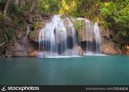 Waterfall deep forest at Erawan waterfall National Park Kanchanaburi of Thailand