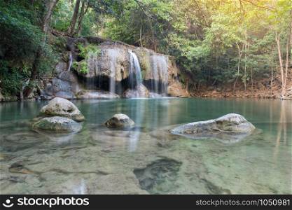 Waterfall erawan with rock Kanchanaburi of Thailand