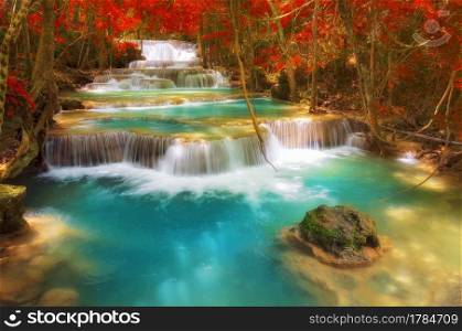 Waterfall in autumn forest at Huay Mae Kamin waterfall, Srinakarin Dam in Kanchanaburi, Thailand.. Huay Mae Kamin waterfall