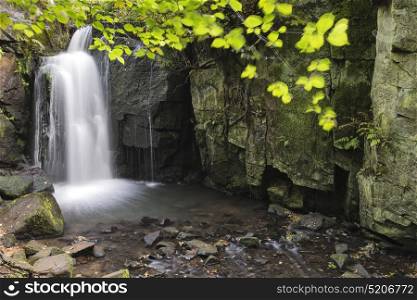 Waterfall in forest landscape long exposure flowing through trees and over rocks