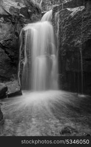 Waterfall in forest landscape long exposure flowing through trees and over rocks in black and white