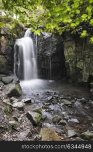 Waterfall in forest landscape long exposure flowing through trees and over rocks