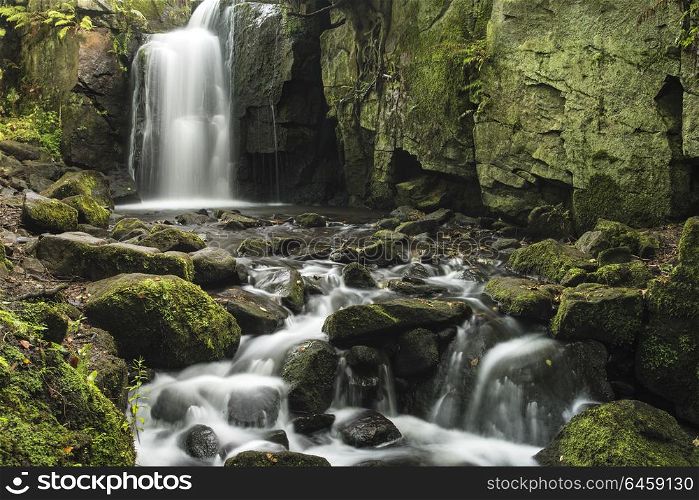 Waterfall in forest landscape long exposure flowing through trees and over rocks