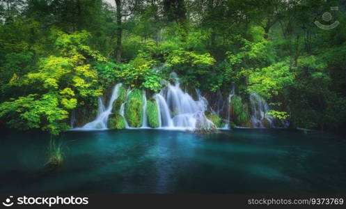 Waterfall in green forest in Plitvice Lakes, Croatia at sunset in summer. Colorful landscape with fall, blooming park, trees, water lilies, river in spring. Scenery. Park in woods at dusk. Nature 