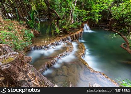Waterfall in Thailand. Beautiful waterfall in rainforest, Kanchanaburi province, Southeast asia, Thailand