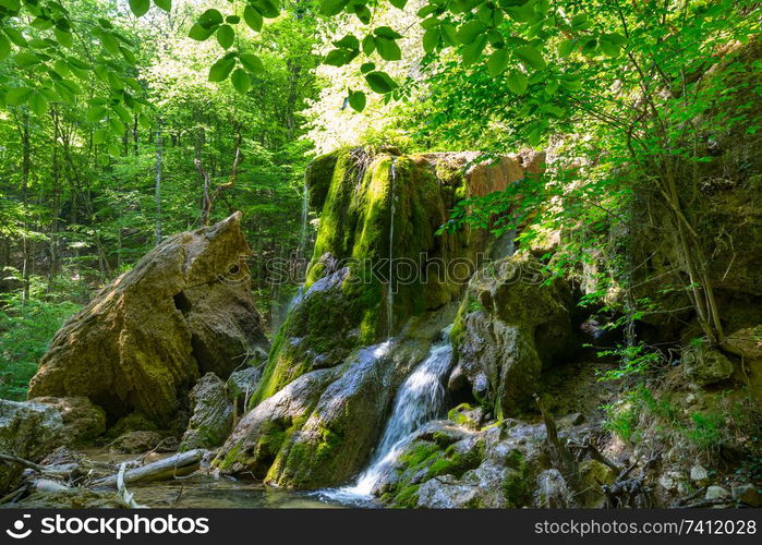 Waterfall in the beautiful green forest