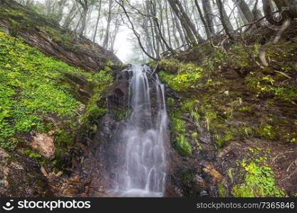 Waterfall in the beautiful misty forest