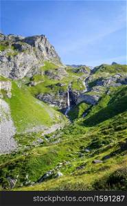Waterfall in Vanoise national Park alpine valley, Savoie, French alps. Waterfall in Vanoise national Park valley, French alps