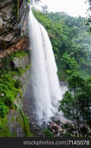 Waterfall large and high stream river mountain with cliff stone cave in the jungle tropical rain forest green beautiful landscape Thailand