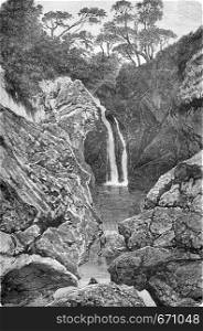 Waterfall near Maghera, vintage engraved illustration. Le Tour du Monde, Travel Journal, (1865).