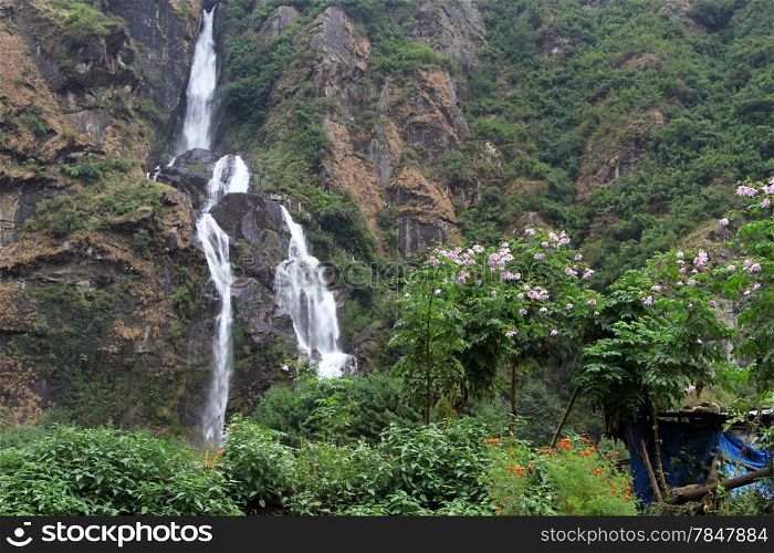 Waterfall near Tal on the Annapurna trail in Nepal