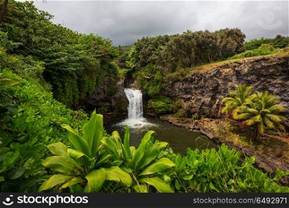 Waterfall on Hawaii. Beautiful tropical waterfall in Hawaii