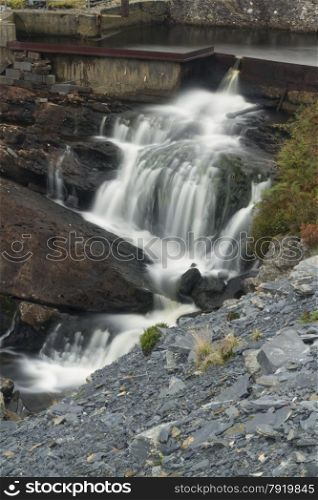 Waterfall on stream, hanging valley of Cwmorthin, Tanygriseau, Blaenau Ffestiniog, Wales, United Kingdom, Europe