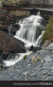 Waterfall on stream, hanging valley of Cwmorthin, Tanygriseau, Blaenau Ffestiniog, Wales, United Kingdom, Europe