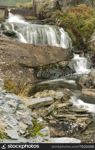 Waterfall on stream, hanging valley of Cwmorthin, Tanygriseau, Blaenau Ffestiniog, Wales, United Kingdom, Europe