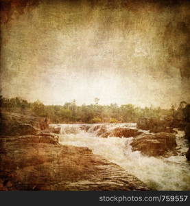 Waterfall on the Old Paper Style Photo. Stylization.