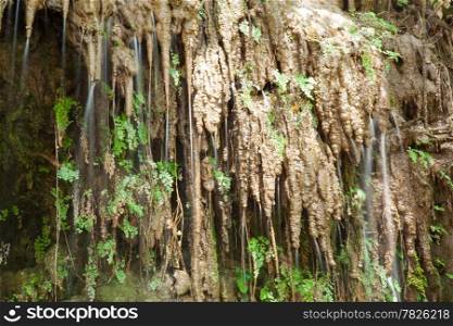 Waterfall that flows over the cliff. With sphagnum clinging to rocky.