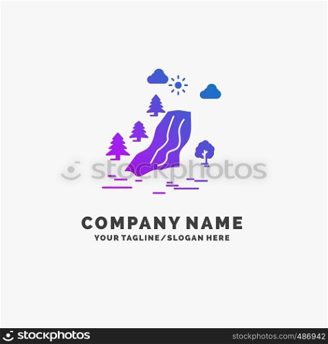 waterfall, tree, pain, clouds, nature Purple Business Logo Template. Place for Tagline.. Vector EPS10 Abstract Template background