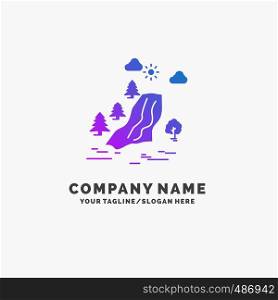 waterfall, tree, pain, clouds, nature Purple Business Logo Template. Place for Tagline.. Vector EPS10 Abstract Template background