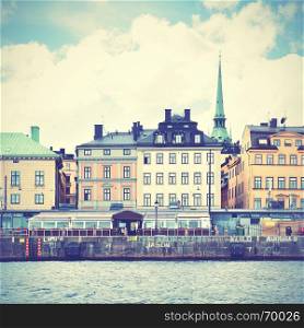 Waterfront in Stockholm. Retro style filtred image