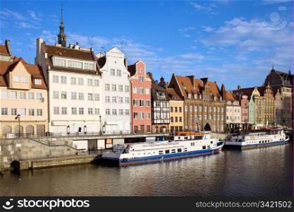 Waterfront scenery by the Motlawa river in the Old Town of Gdansk in Poland