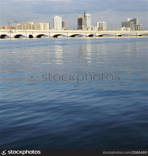 Waterfront skyline with bridge in Miami, Florida, USA.