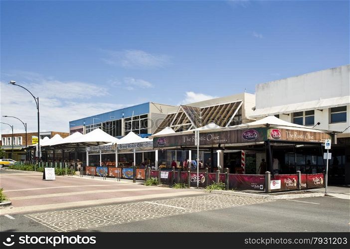 Waterfront street with nice restaurants and cafes for a pleasant afternoon and evening meal in Redcliffe, QLD, Australia. Redcliffe Peninsula is located just a few kilometres north of Brisbane.