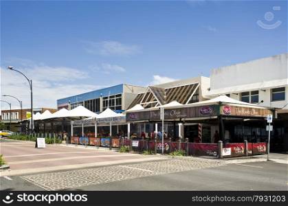 Waterfront street with nice restaurants and cafes for a pleasant afternoon and evening meal in Redcliffe, QLD, Australia. Redcliffe Peninsula is located just a few kilometres north of Brisbane.