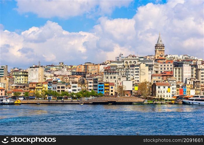 Waterfront with the view of Galata Tower in Istanbul. Waterfront in Istanbul