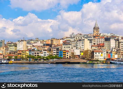 Waterfront with the view of Galata Tower in Istanbul. Waterfront in Istanbul