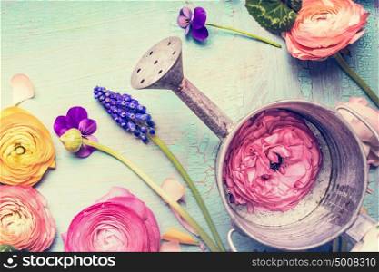 Watering can and garden flowers on vintage shabby chic background, top view, copy space, summer gardening concept