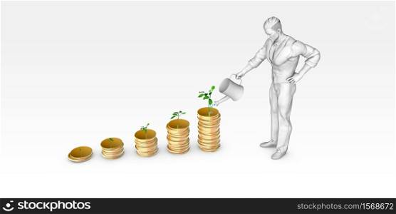 Watering Financial Tree Growing Plant as an Investment Concept. Watering Financial Tree