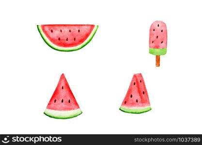 Watermelon and icecream set isolated on white background, watercolor hand drawn illustration, Fresh summer fruit