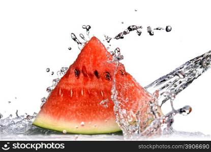 watermelon and water splash isolated on white