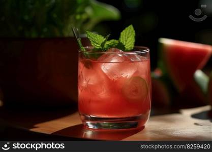 Watermelon cocktail, featuring a vodka or tequila-based drink mixed with fresh watermelon juice, served in a chilled glass garnished with mint leaves. Generative AI